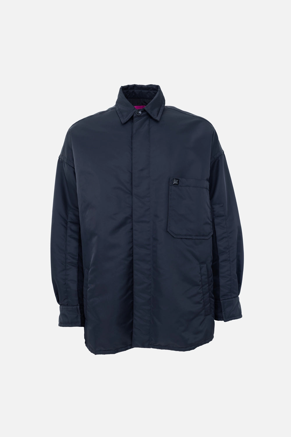 Pre-owned Valentino men's padded nylon overshirt in black, front view, concealed placket and chest patch pocket