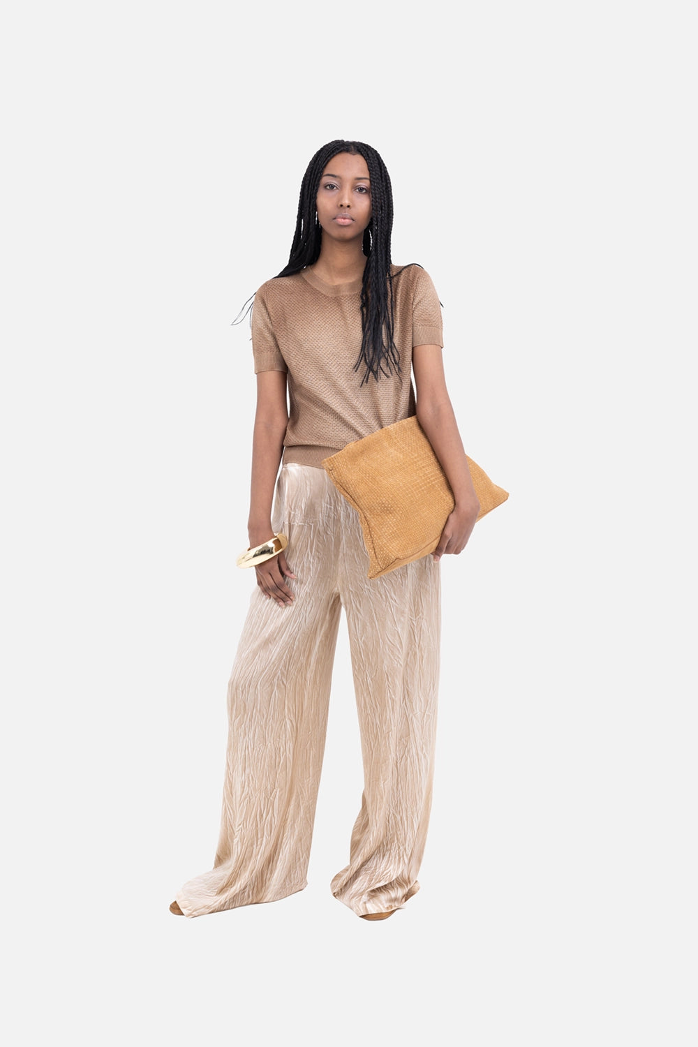 Avant Toi women’s palazzo pants in cork, on-model full length, crumpled satin finish with wide-leg drape