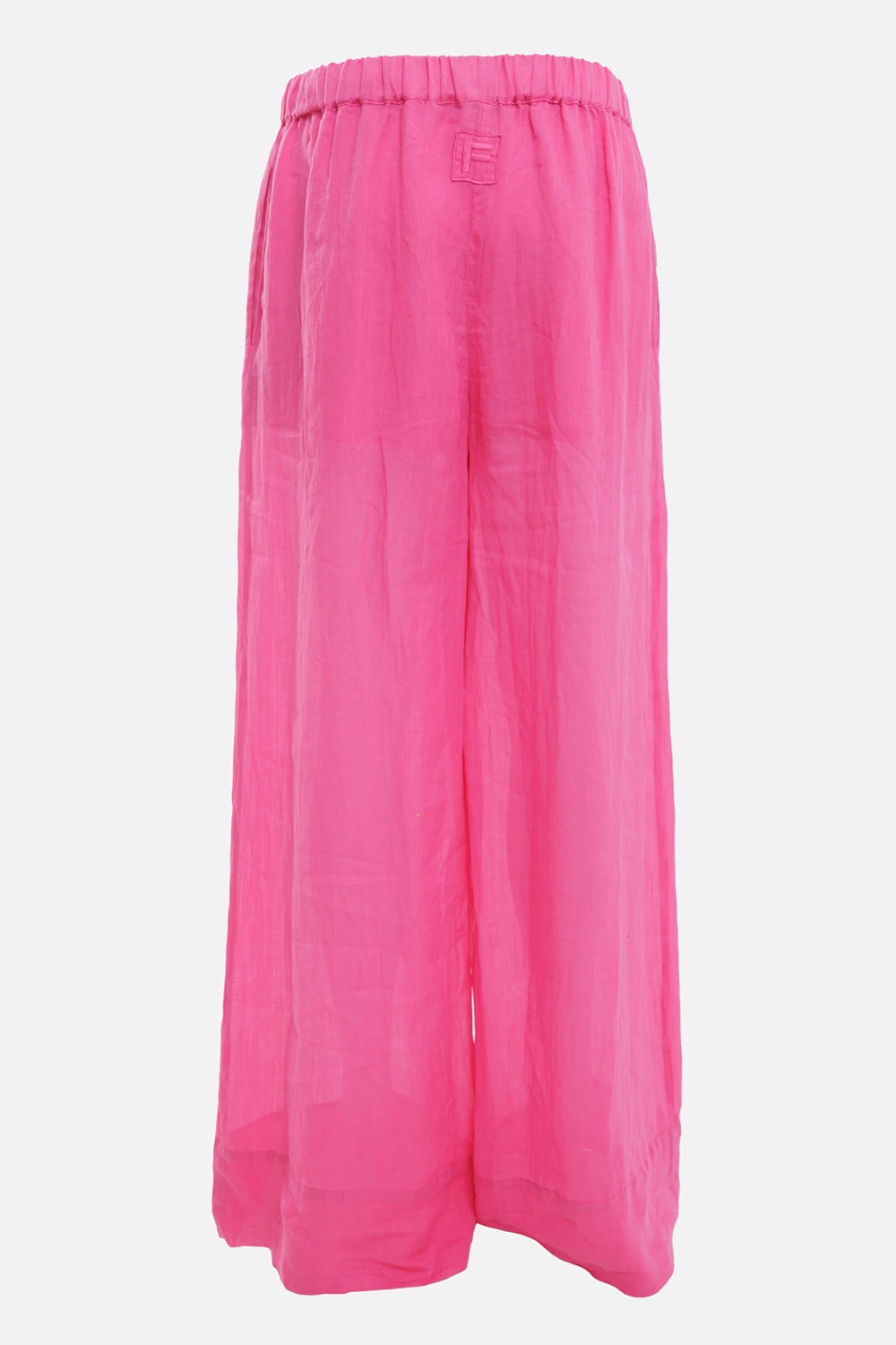 Fisico women palazzo trousers in Azalea, back view, tonal F logo patch and gathered waistband