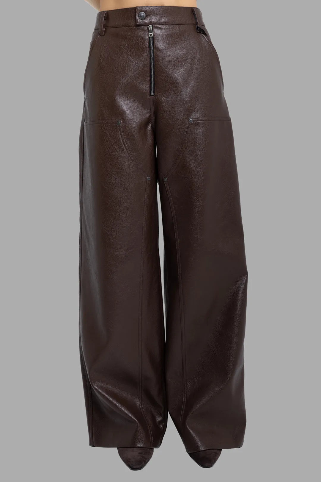MSGM women's dark brown faux leather wide-leg pants in dark brown, front view, hammered texture with front zip and snap waistband.