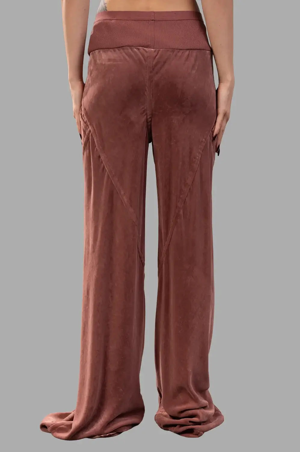 Rick Owens pants in rosewood, back view, wide leg with wraparound seamwork