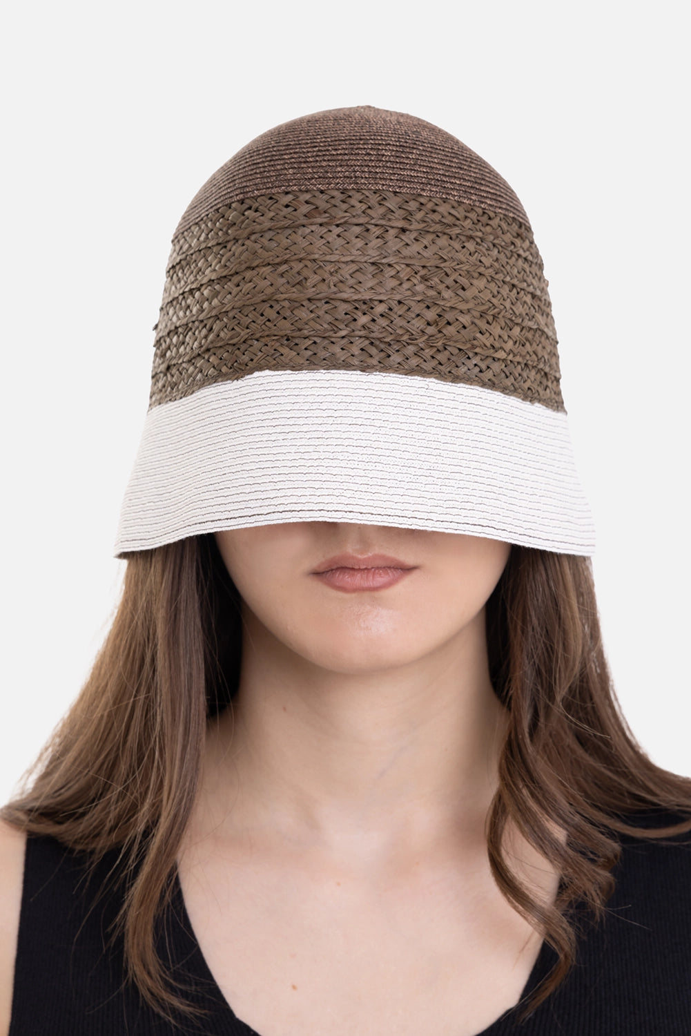 Kijima Takayuki unisex sailor hat in khaki, front view, cream downturned brim and braided raffia band