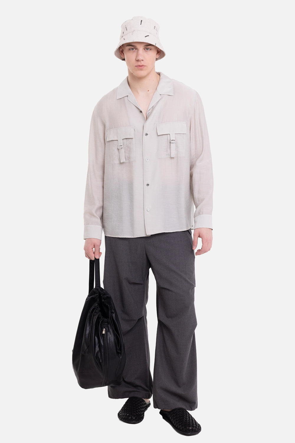 ATTACHMENT men's open-collar shirt in khaki gray, on-model full-length view, fluid drape and utility pockets