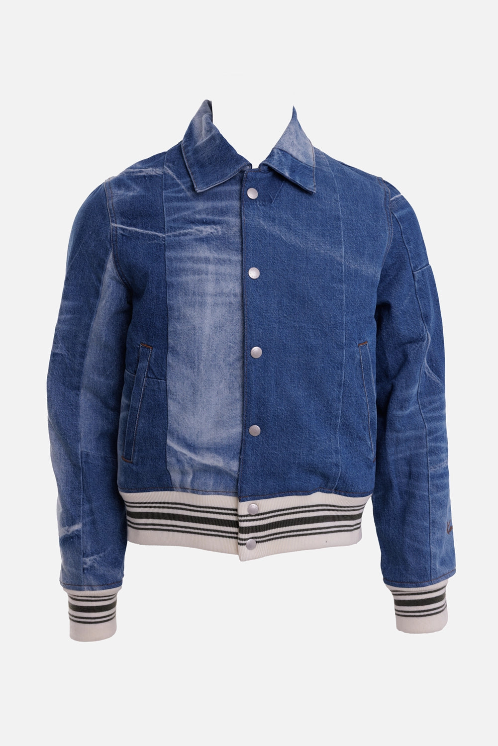 KENZO unisex patchwork blouson in Stone Bleached Blue Denim, front view with snap buttons and two welt pockets