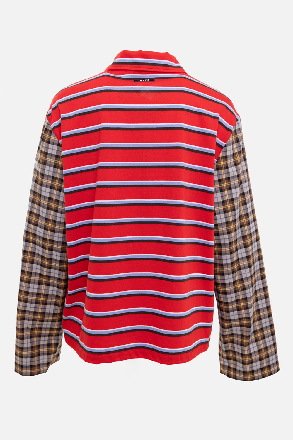 MSGM women's patchwork jersey polo in red/multi, back view, neck logo label and striped back panel