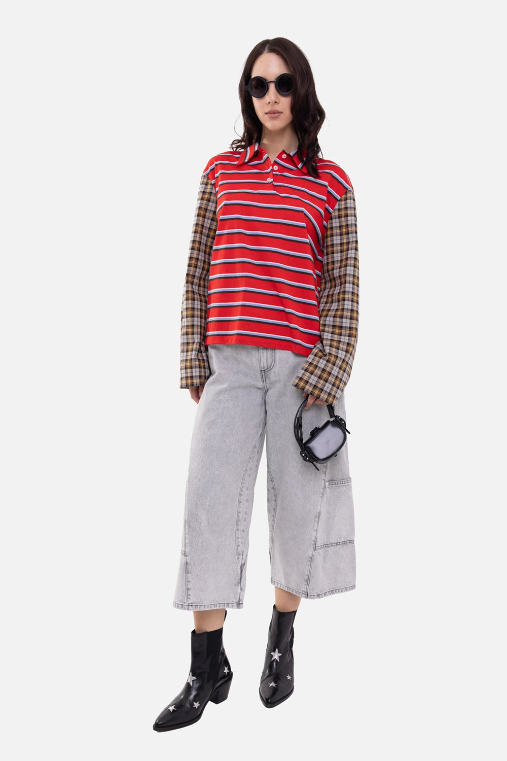 MSGM women's patchwork jersey polo in red/multi, on-model full-length, plaid sleeves and striped body