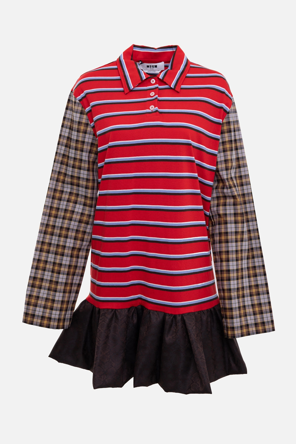 MSGM women's patchwork mini dress in red/multi, front view, buttoned polo collar and plaid sleeves