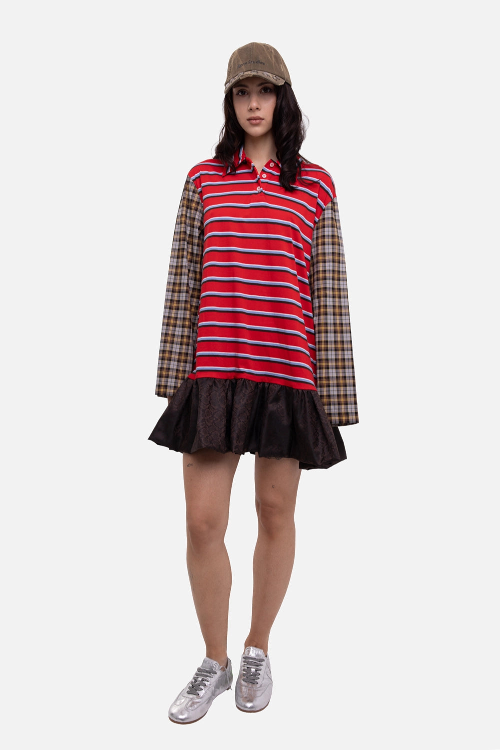 MSGM women's patchwork mini dress in red/multi, on-model full-length, plaid sleeves and dark ruffle hem