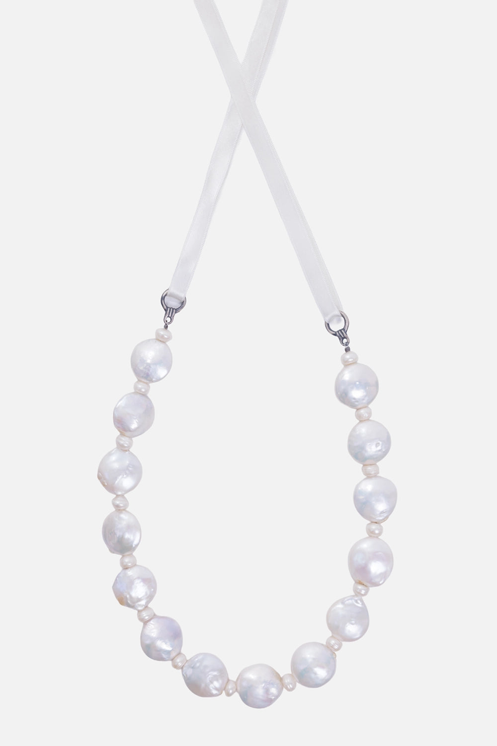 KUNDO unisex pearl-bead necklace in white, full view with oversized irregular beads and ivory ribbon ties