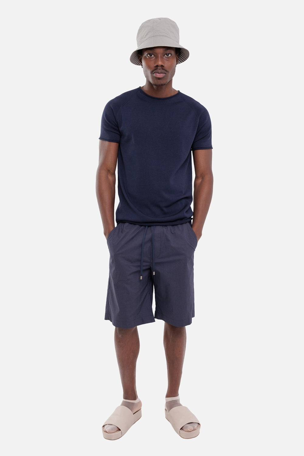 AION men's Bermuda shorts in blue, on-model full-length, elastic waist and long drawstring