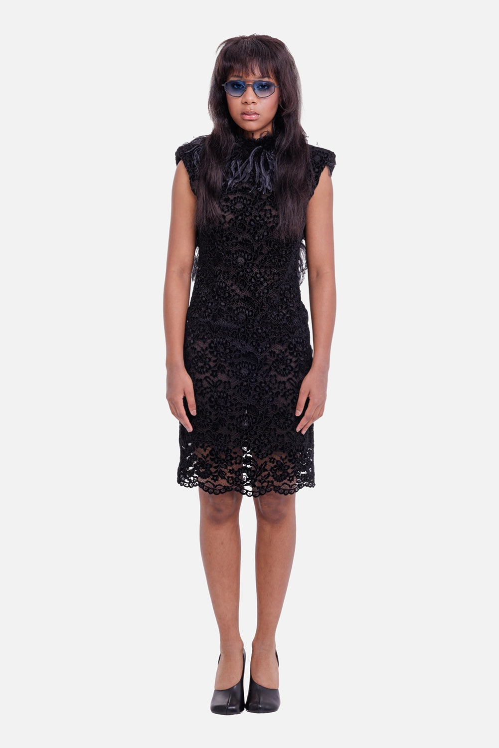 DES PHEMMES women's black pencil dress on model, full-length front view with fitted lace silhouette and feather trim
