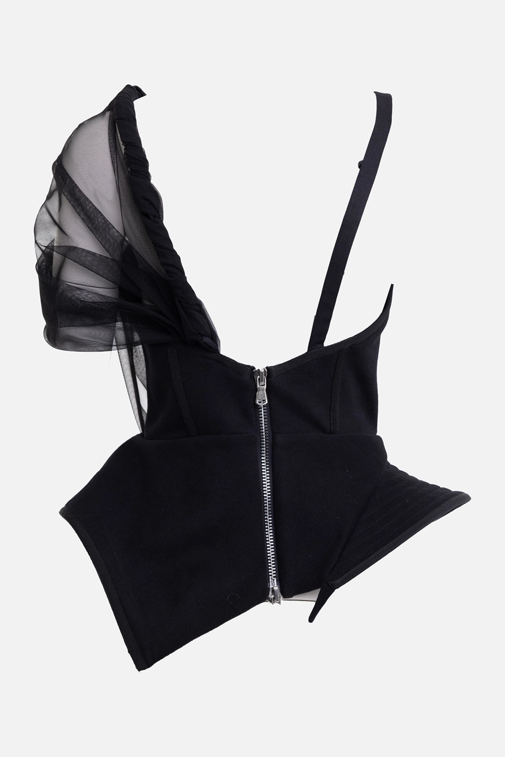 Sehnsucht Atelier women's peplum corset top in black, three-quarter front view, sheer shoulder drape