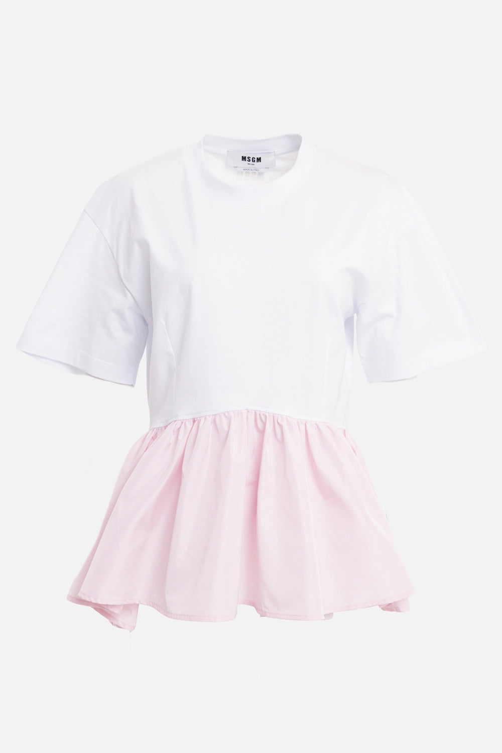 MSGM women's peplum T-shirt in white/pink, front view with pale pink gathered ruffle hem