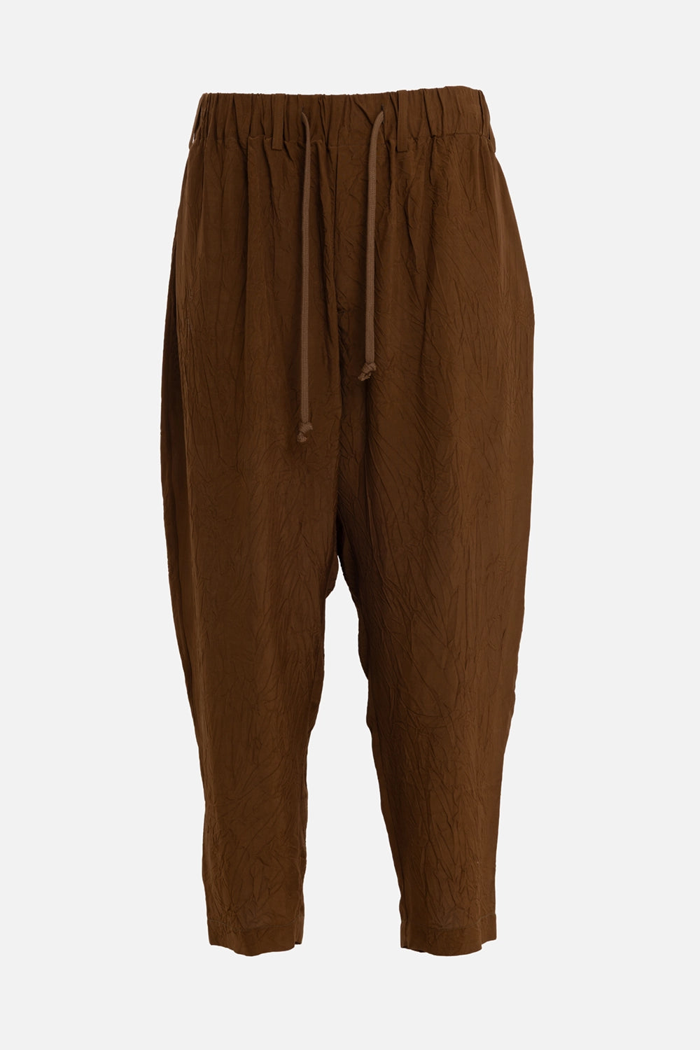 Uma Wang men's pigiama pants in mustard, front view, elasticated waist with long drawstring ties