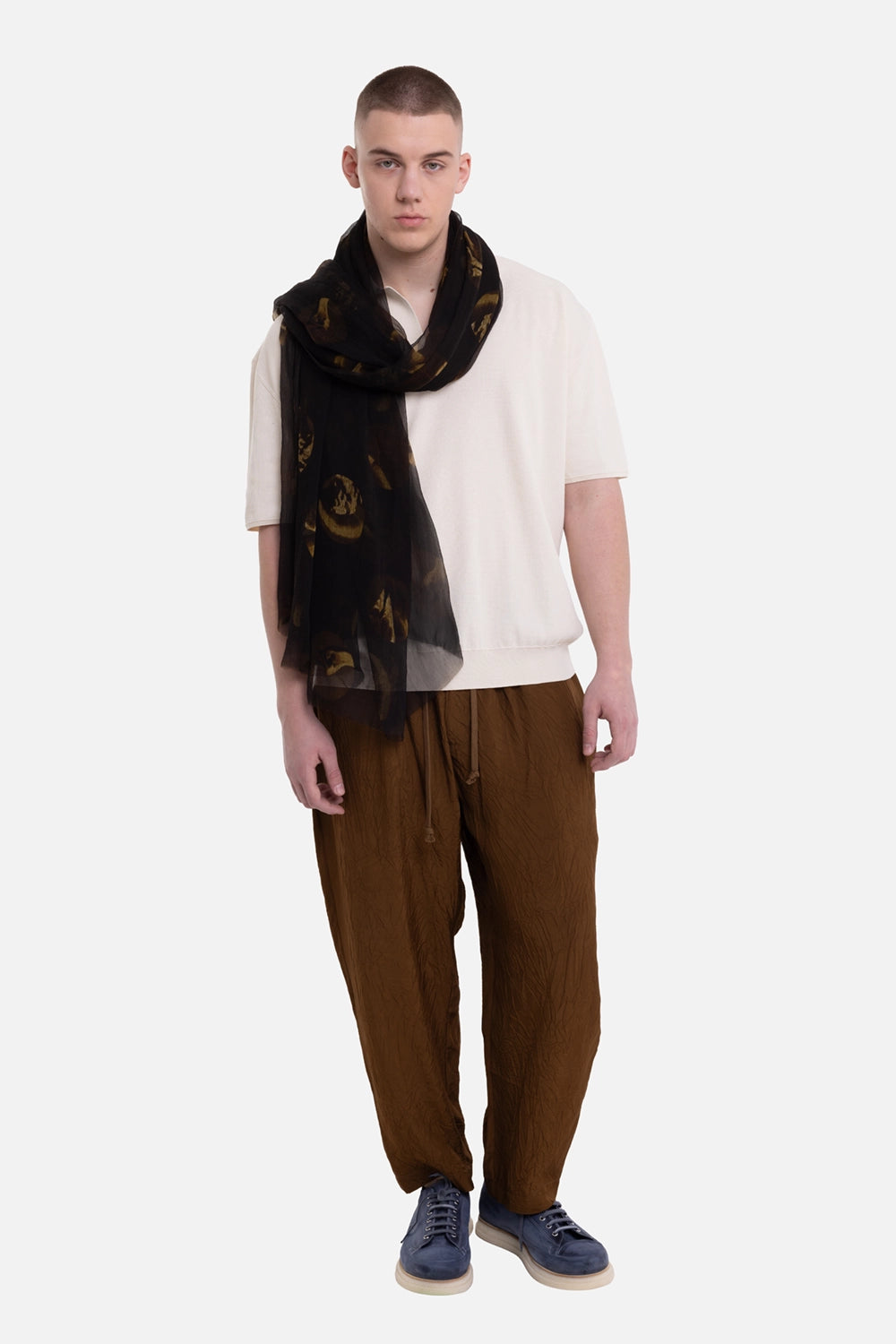 Uma Wang men's pigiama pants in mustard, on-model full-length view, dropped crotch and tapered leg