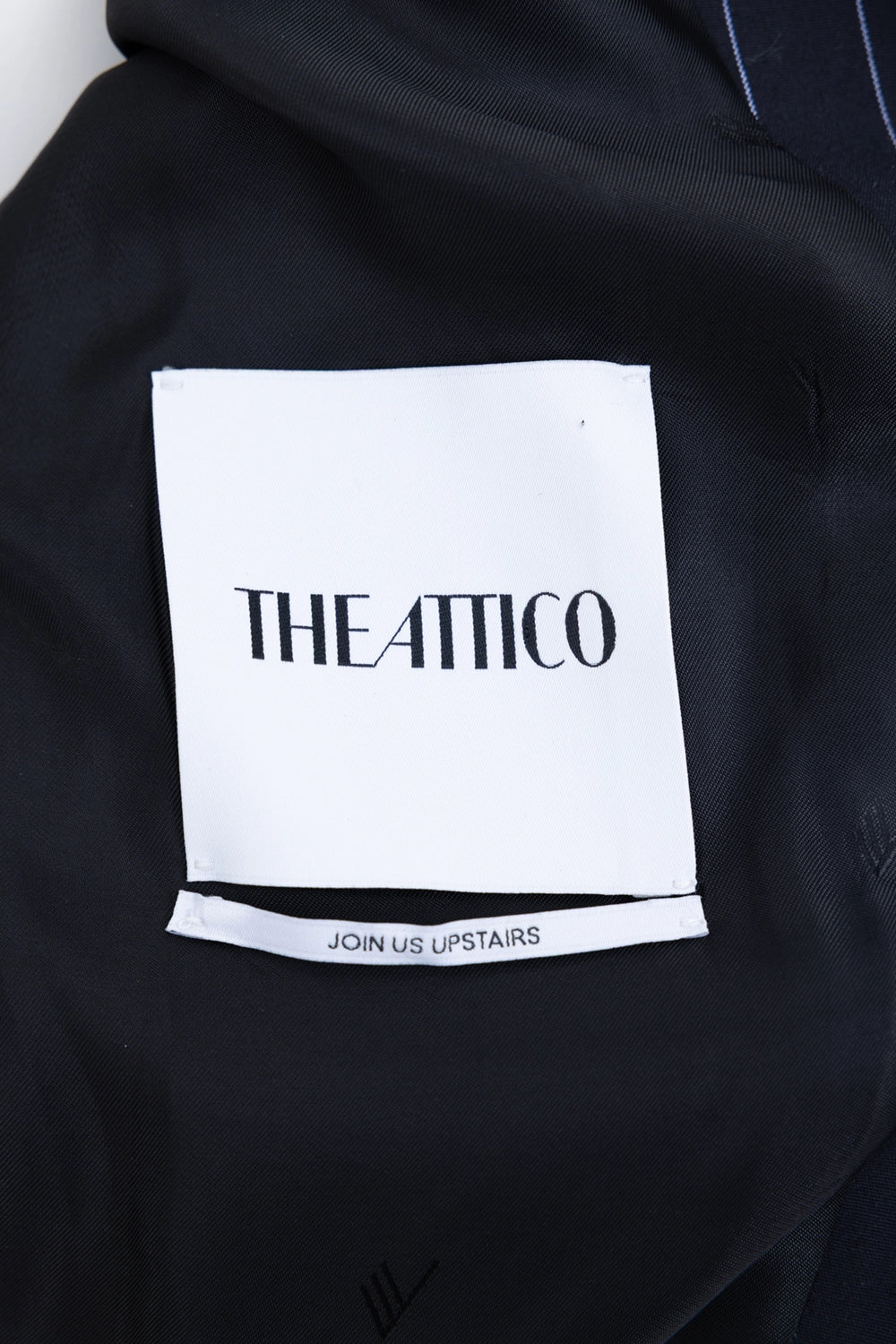 Pre-owned The Attico women's pinstripe blazer in navy, label close-up, The Attico interior label