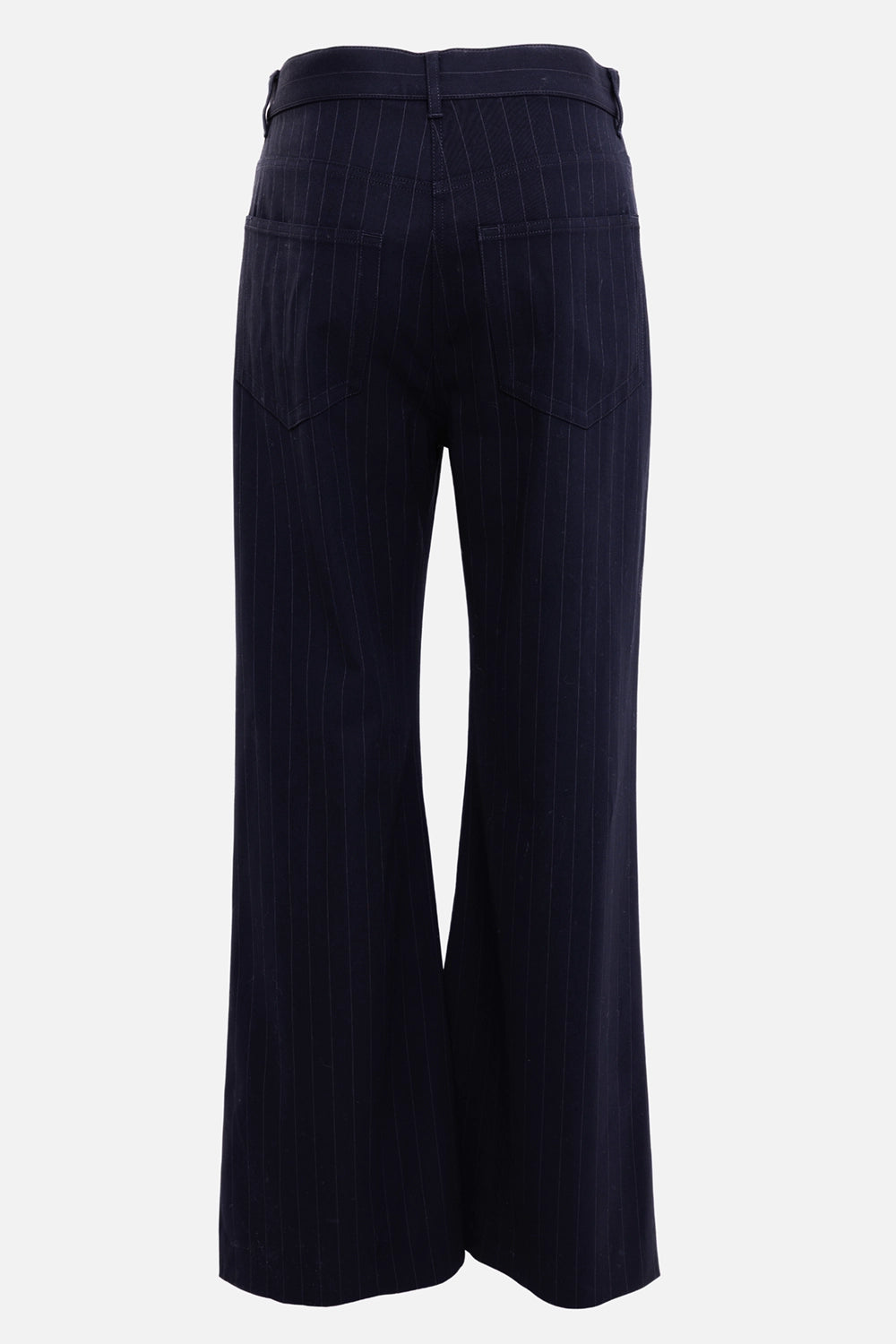 Acne Studios women's pinstripe trousers in navy, back view with patch pockets and bootcut hem