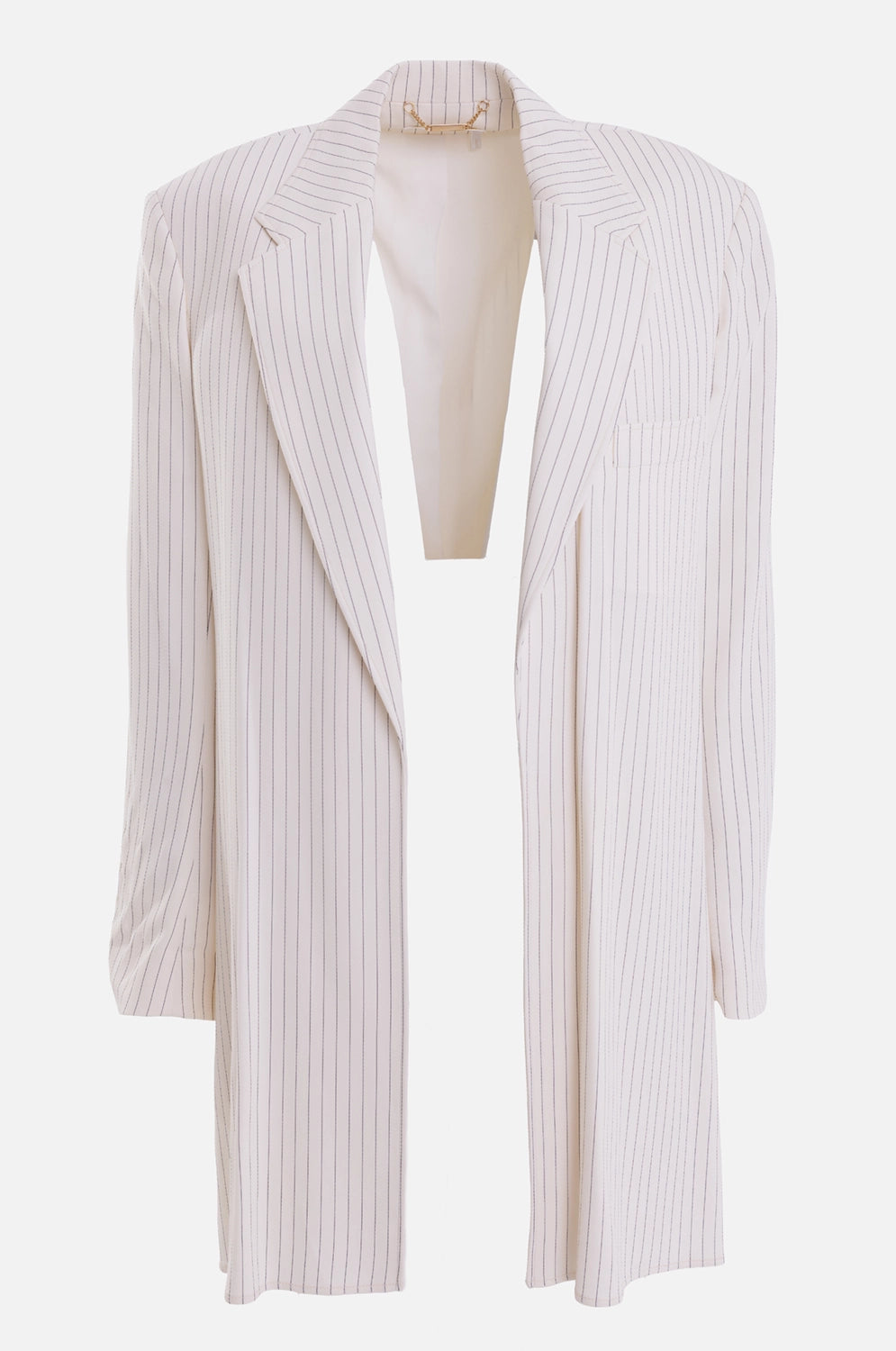 Chloé women's pinstripe longline jacket in buttercream, front view, notch lapels and chest welt pocket