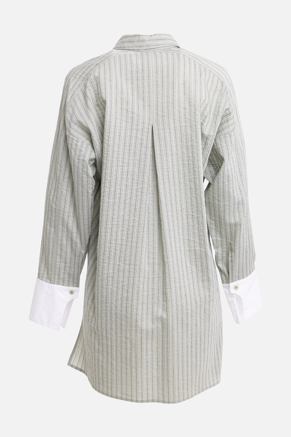 Gentry Portofino women's shirt in salvia, back view, center back pleat and white button cuffs