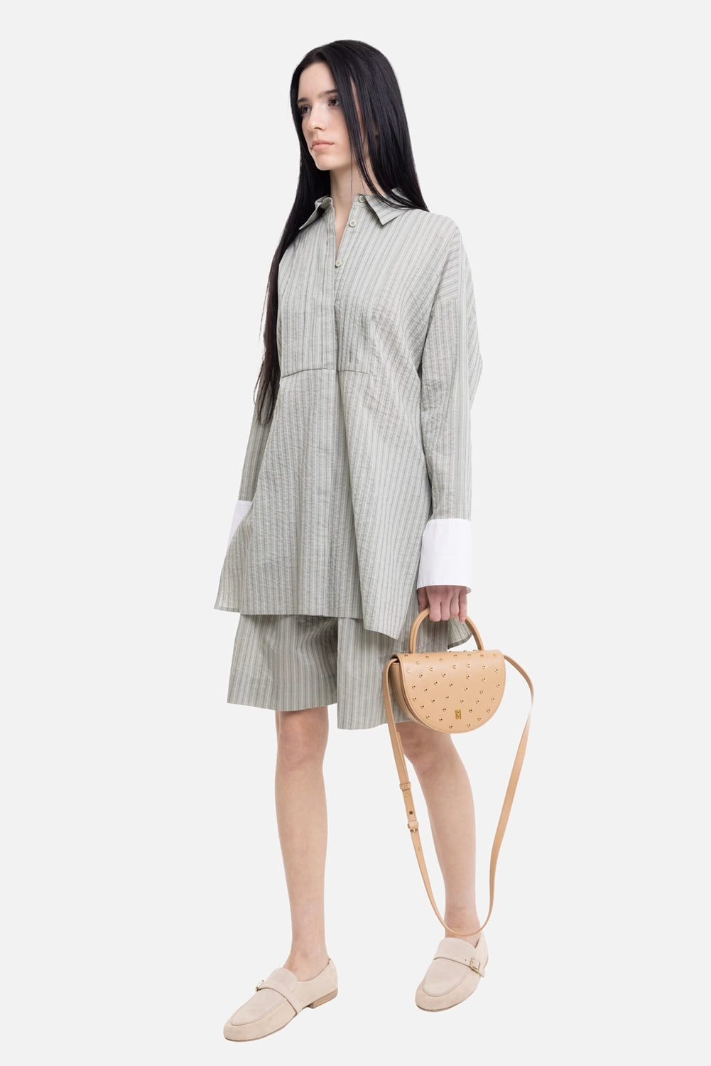 Gentry Portofino women's shirt in salvia, on-model full length, long tunic fit and crisp white cuffs
