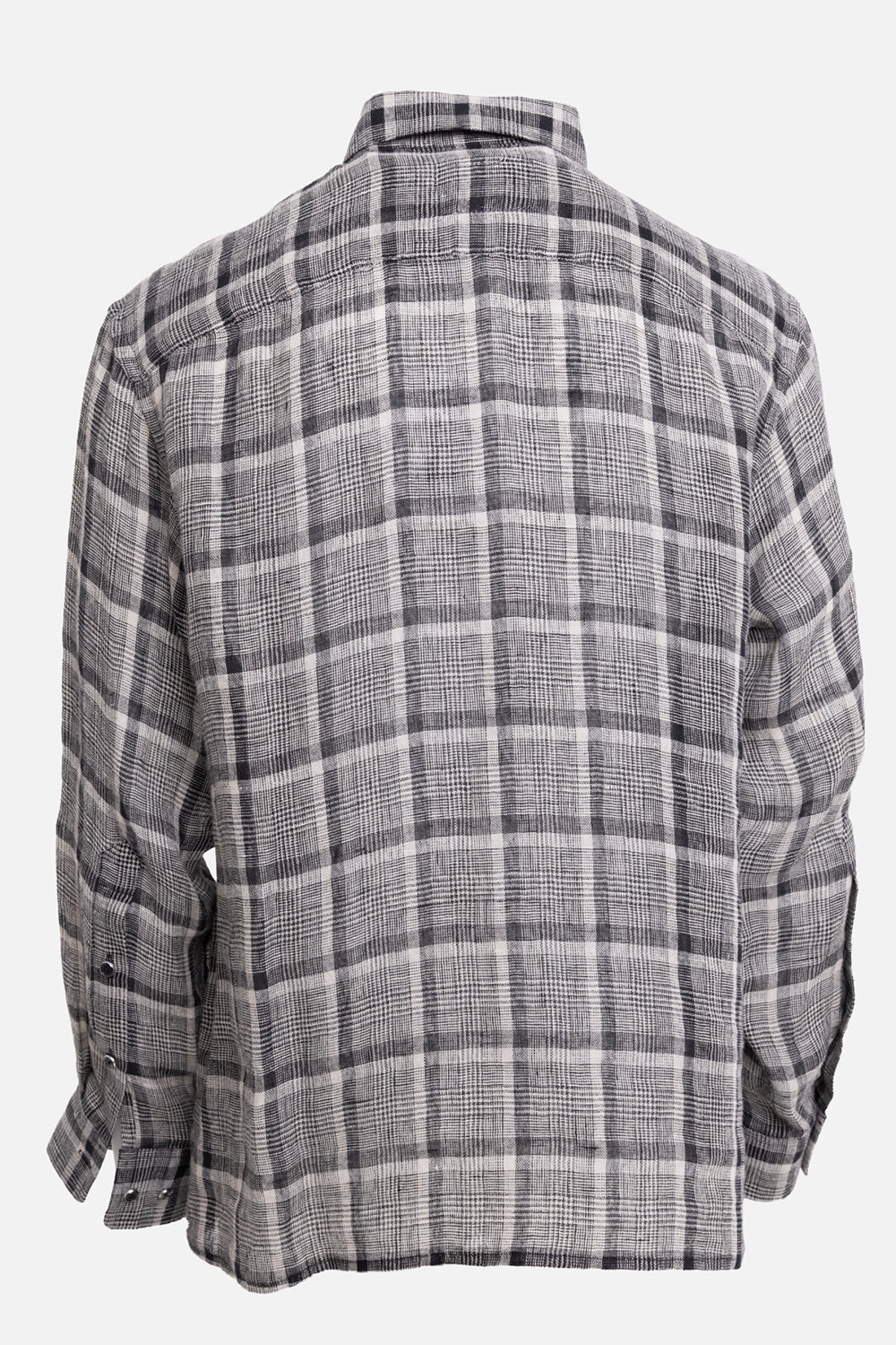 Helmut Lang men's plaid linen shirt in black/cream, back view with yoke seam and relaxed straight hem