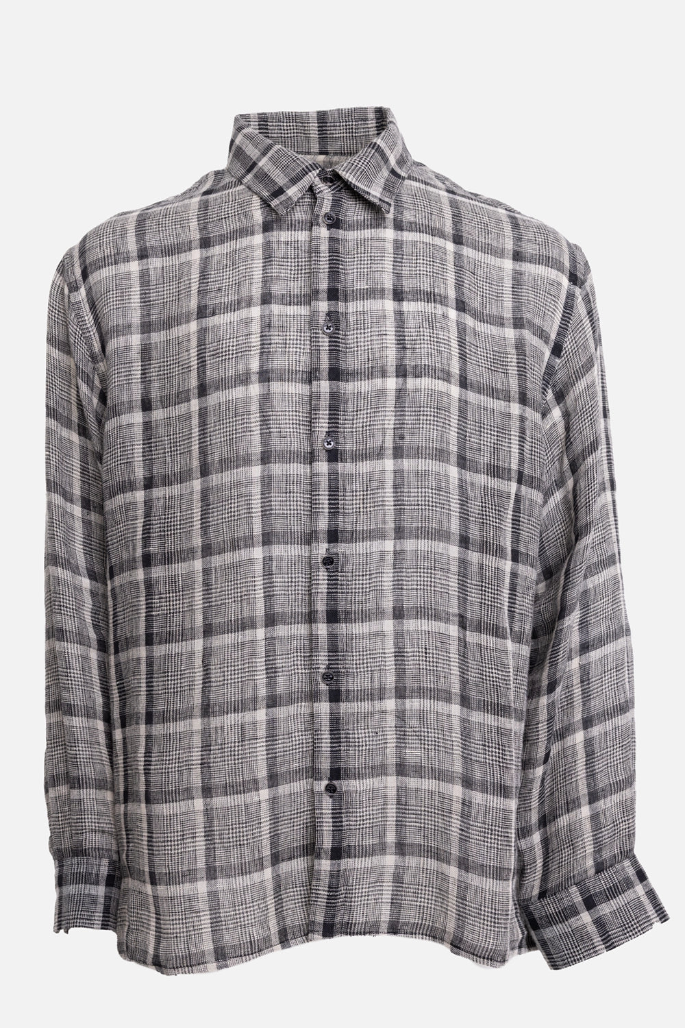 Helmut Lang men's plaid linen shirt in black/cream, front view with pointed collar and dark button placket