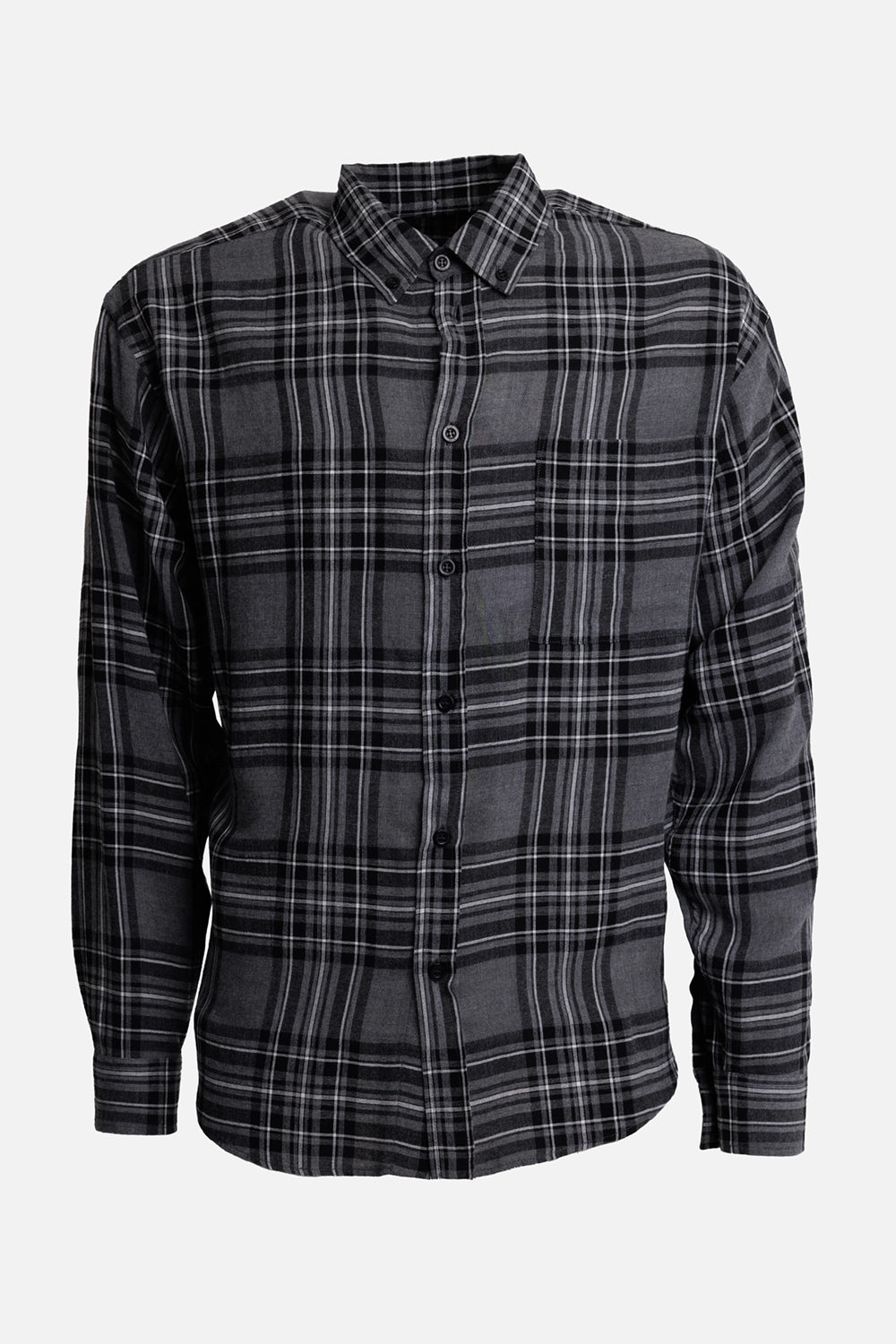 MSGM men's grey plaid shirt, front view with button-down collar, chest patch pocket and black check pattern