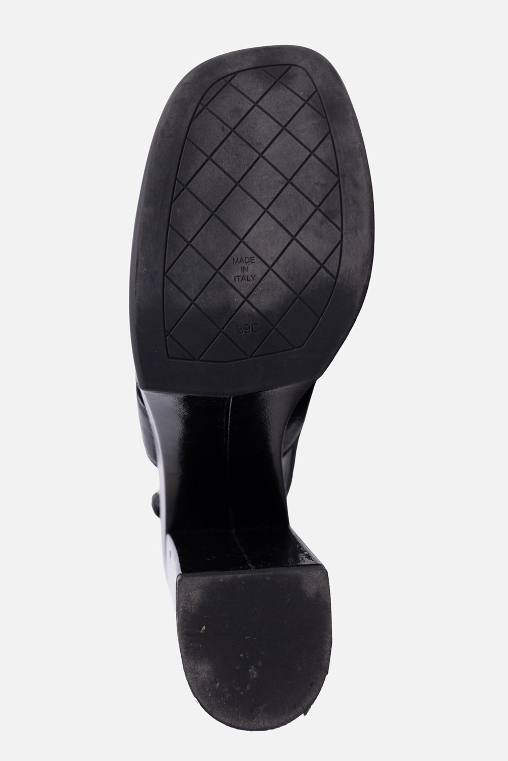 Pre-owned Chanel women’s platform sandals in black, sole view, diamond-tread outsole and size stamp