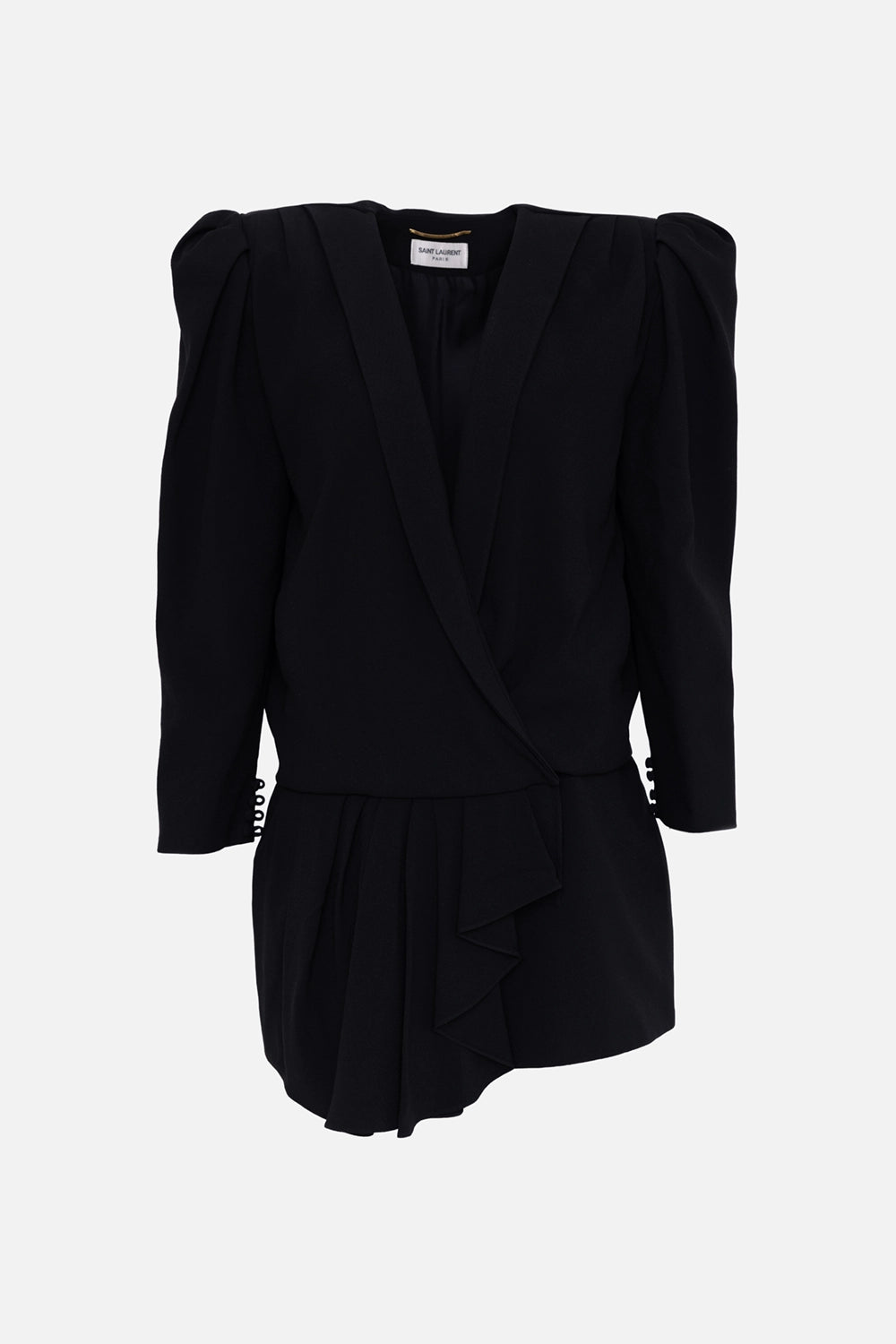 Pre-owned Saint Laurent women's playsuit in black, front view, wrap V-neck and structured shoulders