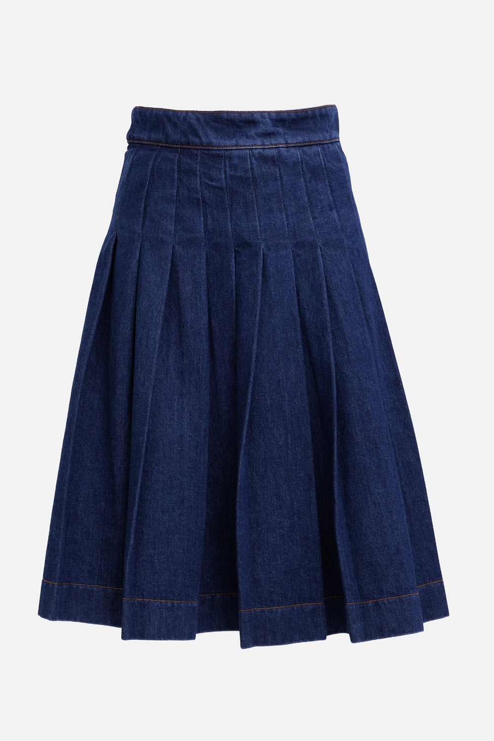 MSGM women's denim midi skirt in dark blue, front view with fitted waistband and deep pressed pleats