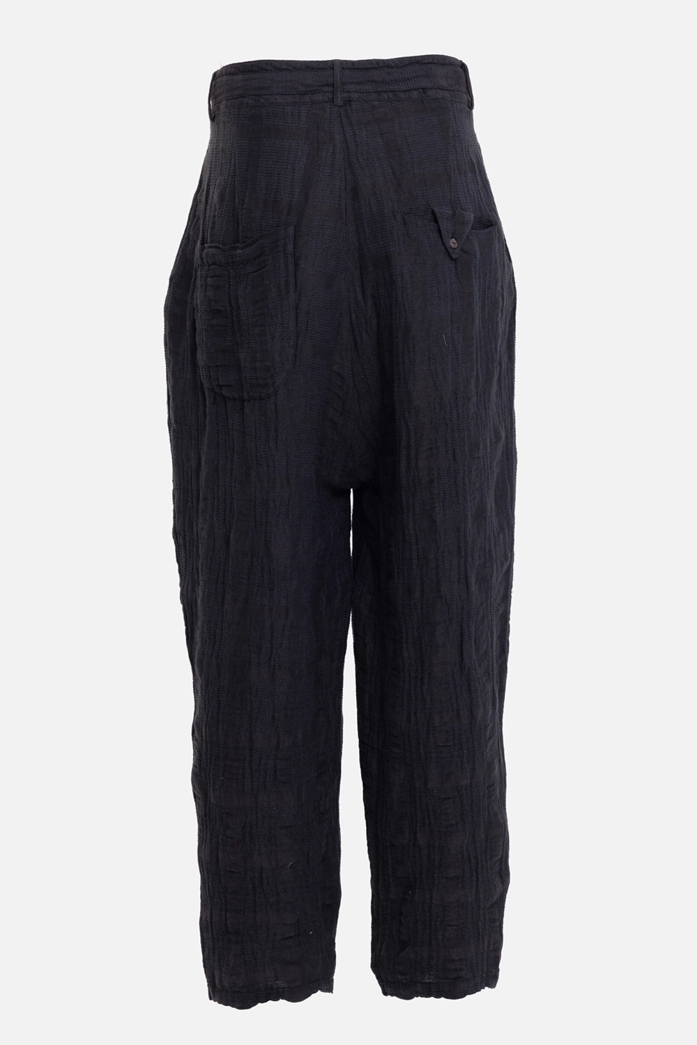 Marc Point men's trousers in black, back view with patch pocket, triangular flap pocket and textured jacquard