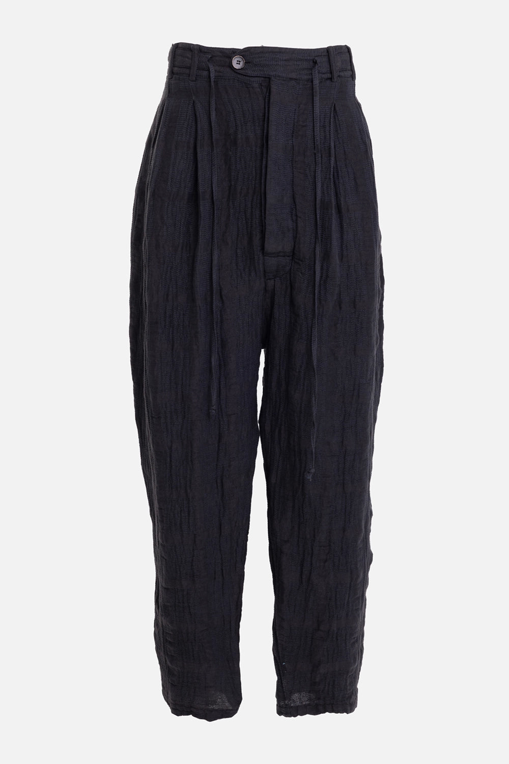 Marc Point men's trousers in black, front view with double pleats, tonal drawstrings and textured jacquard