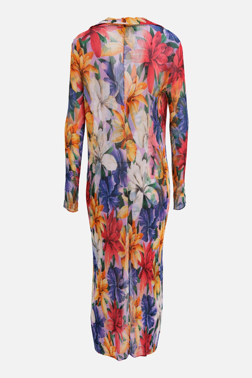Etro women's dress in multicolor, back view, floral pleated fabric and long sleeves