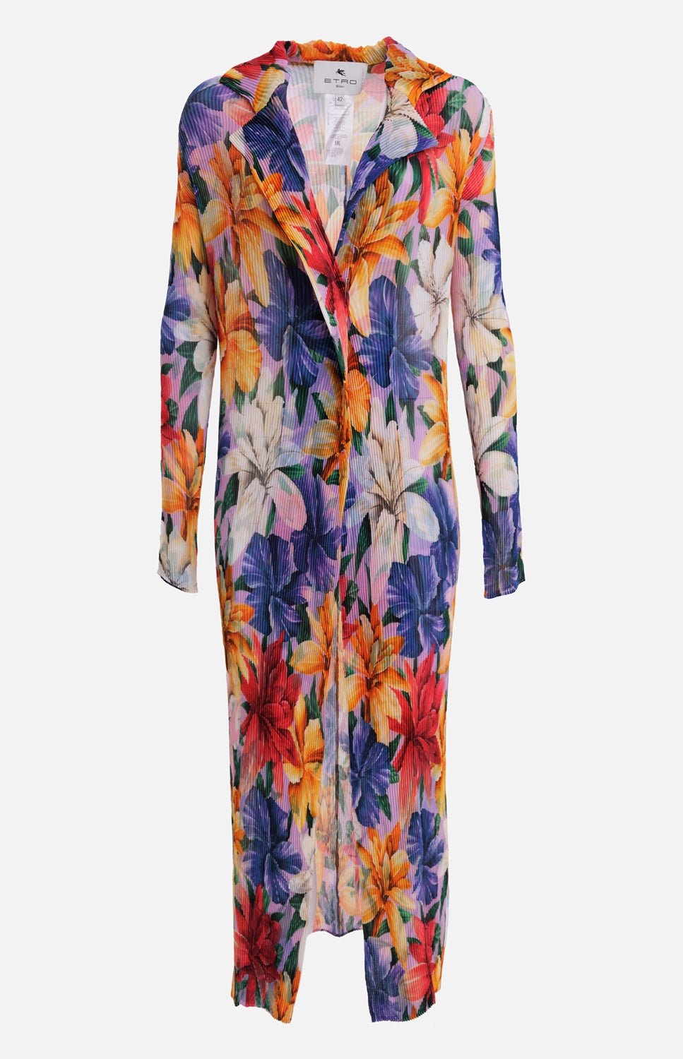 Etro women's dress in multicolor, front view, pleated floral print with pointed collar and long sleeves