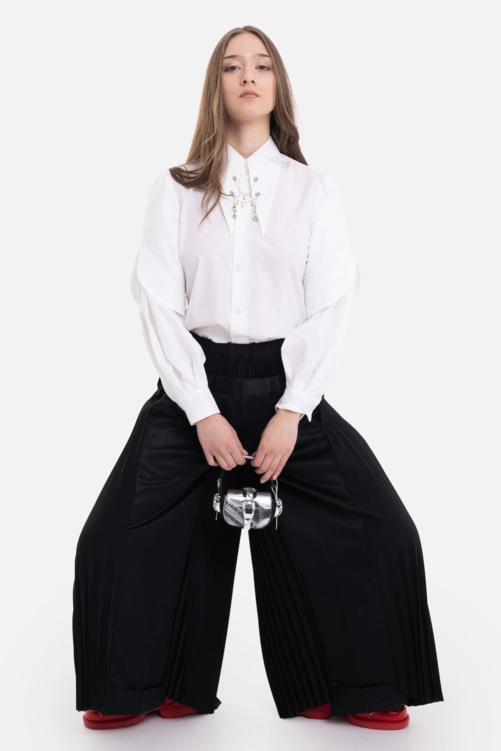 Junya Watanabe women's trousers in Black, on-model full-length view with exaggerated wide legs