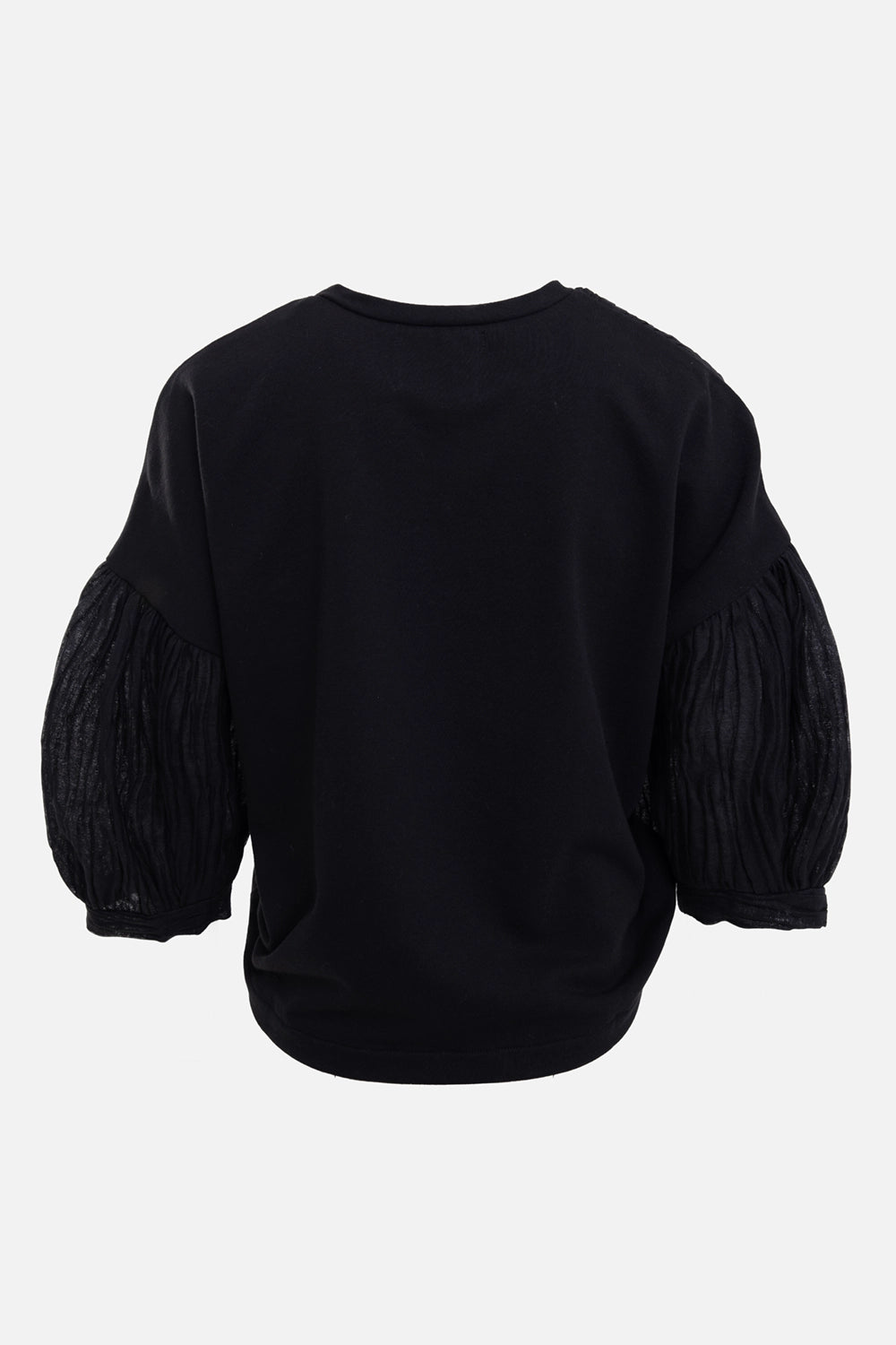 Masnada women's cropped top in black, back view, smooth jersey panel with textured puff sleeves