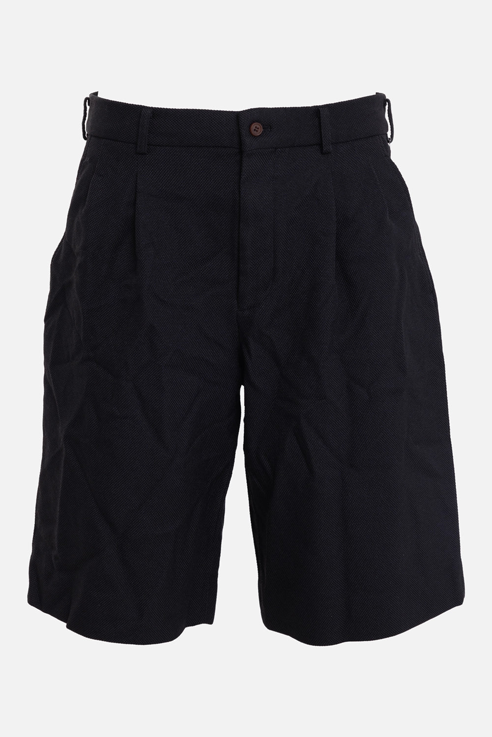 Comme des Garçons Homme Deux men's black shorts, front view, double front pleats and textured weave
