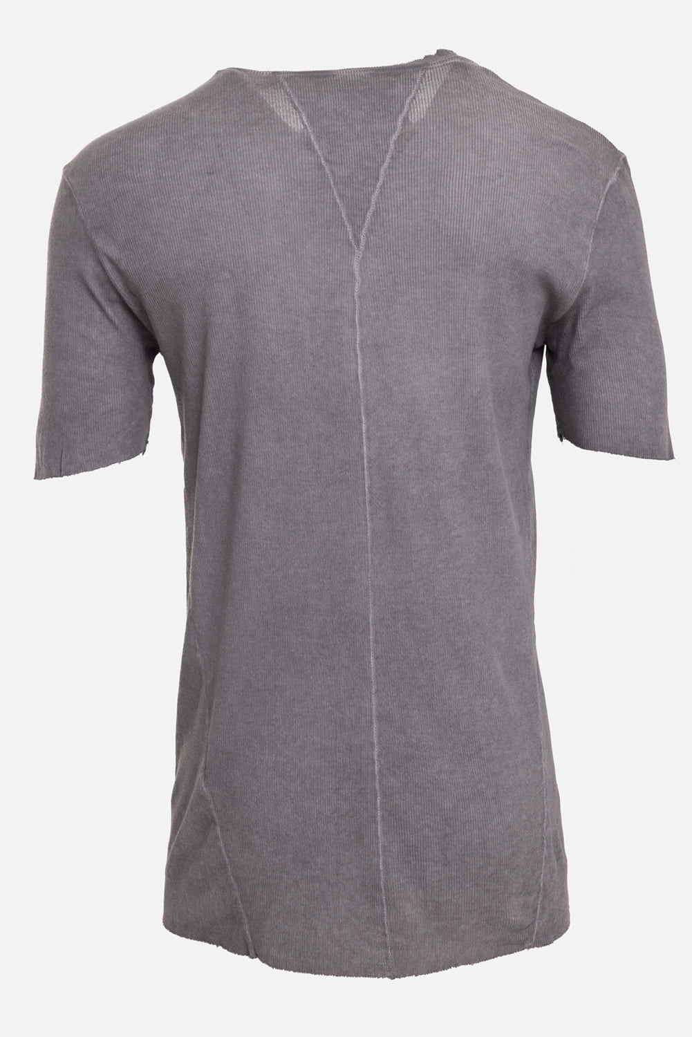 Masnada men's pocket T-shirt in nimbus grey, back view, center spine seam and raw collar edge