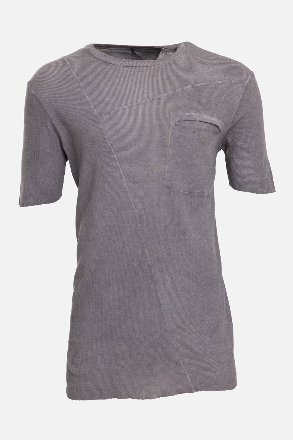 Masnada men's pocket T-shirt in nimbus grey, front view, diagonal seams and chest pocket