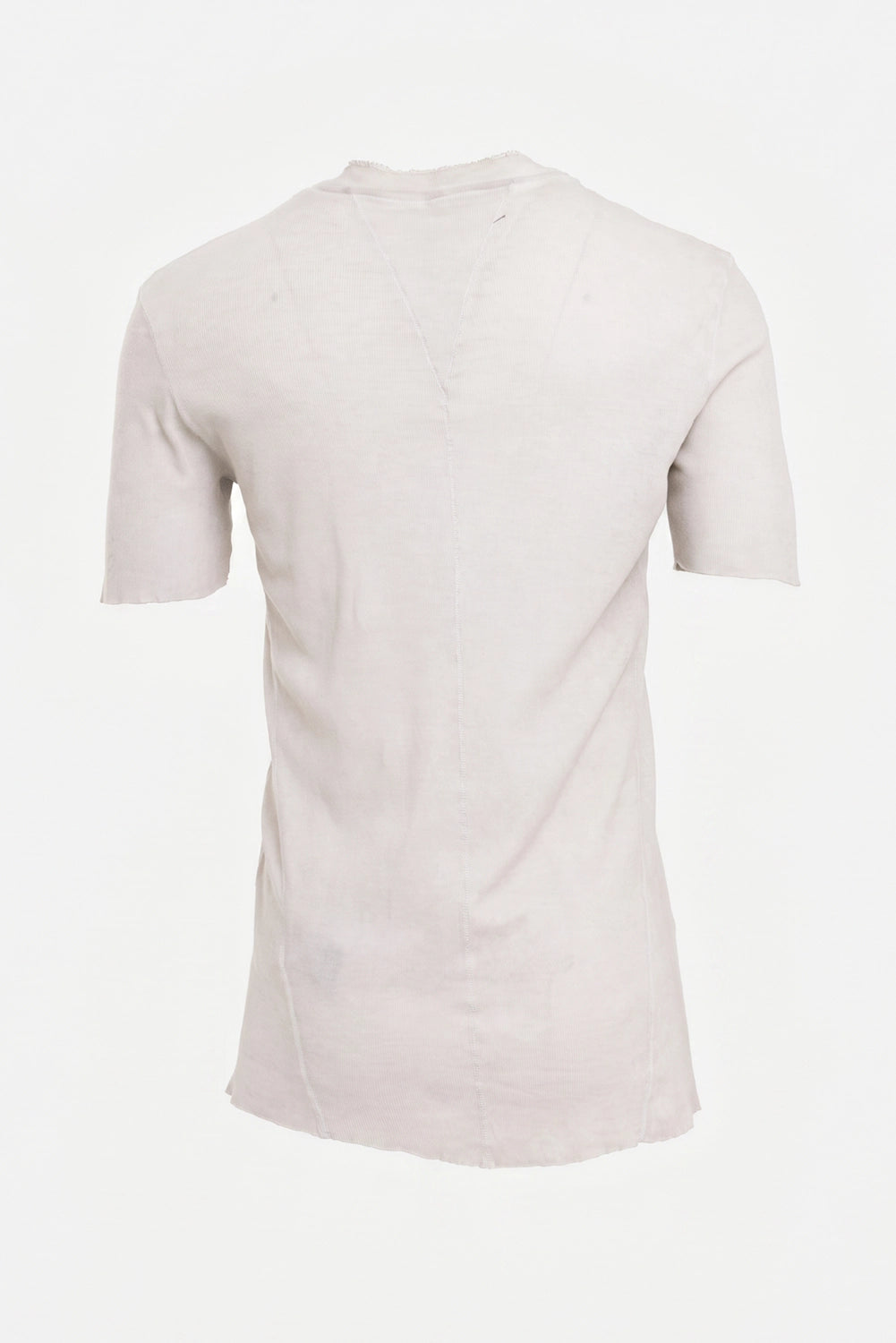 Masnada men's T-shirt in cement grey, back view with vertical seams and raw short sleeves