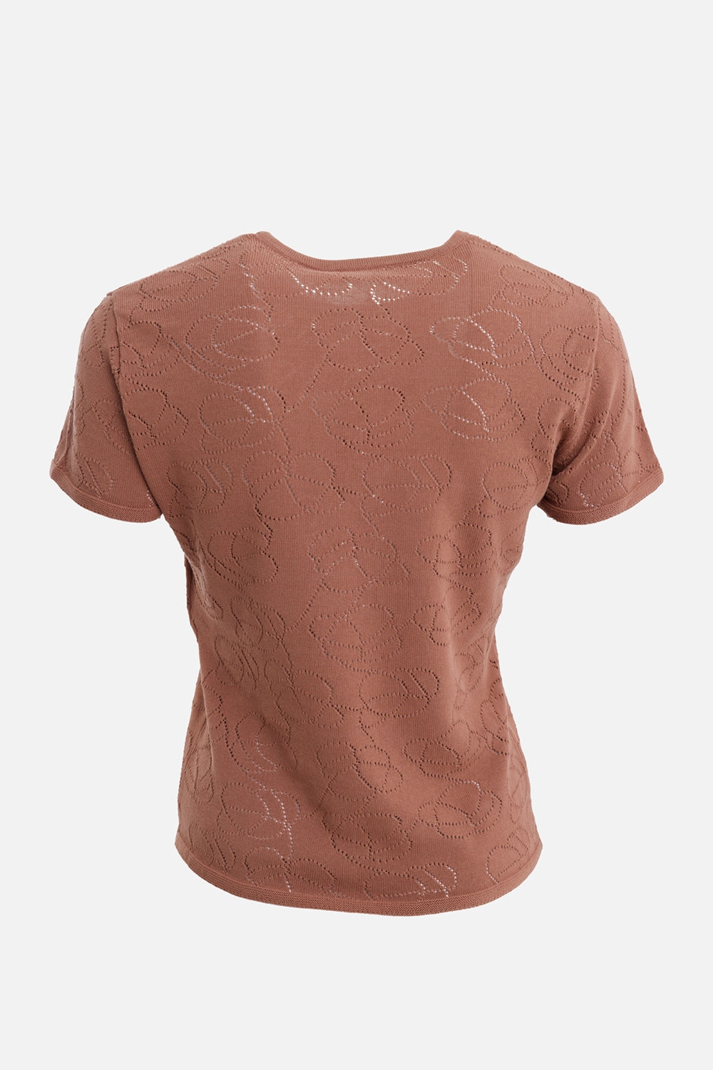 By Malene Birger women's T-shirt in latte brown, back view with short sleeves and tonal pointelle pattern