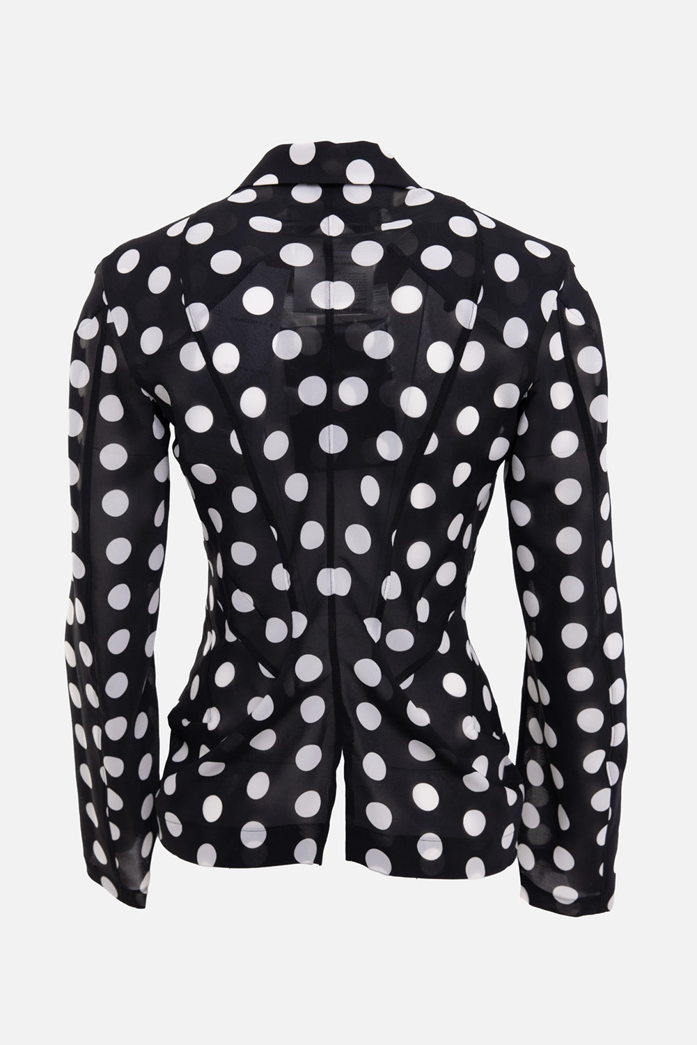 Junya Watanabe women's blouse in black and white, back view, sheer polka dot fabric and curved seam lines