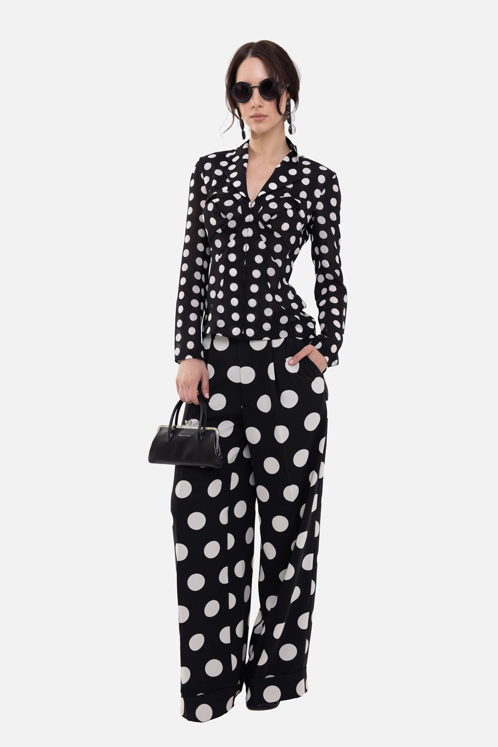 Junya Watanabe women's blouse in black and white, on-model full length, fitted waist with matching dot trousers