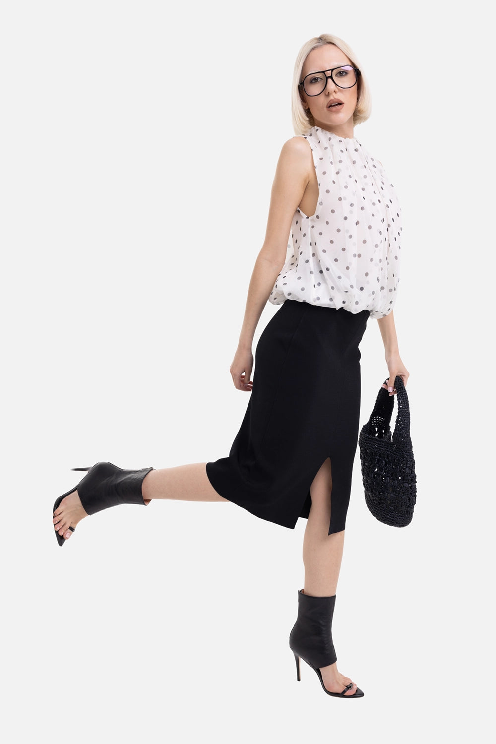 MSGM women's chiffon balloon top in white/black, on-model full-length with polka dots and bubble hem