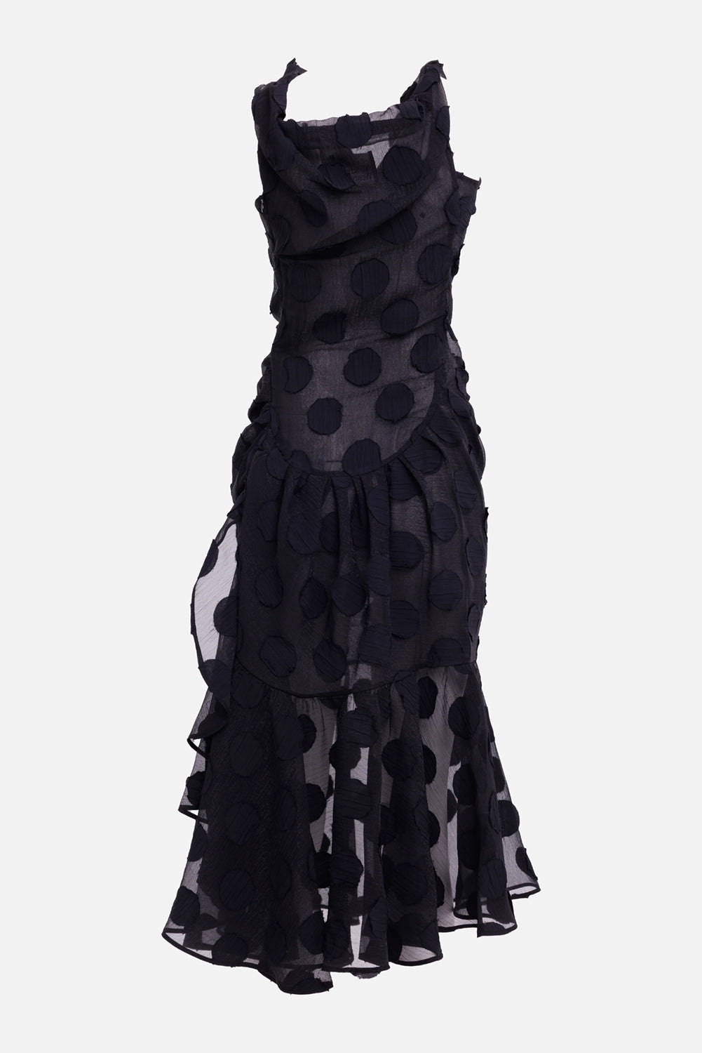 Vivienne Westwood women's black polka-dot midi dress, three-quarter view with cascading side ruffles