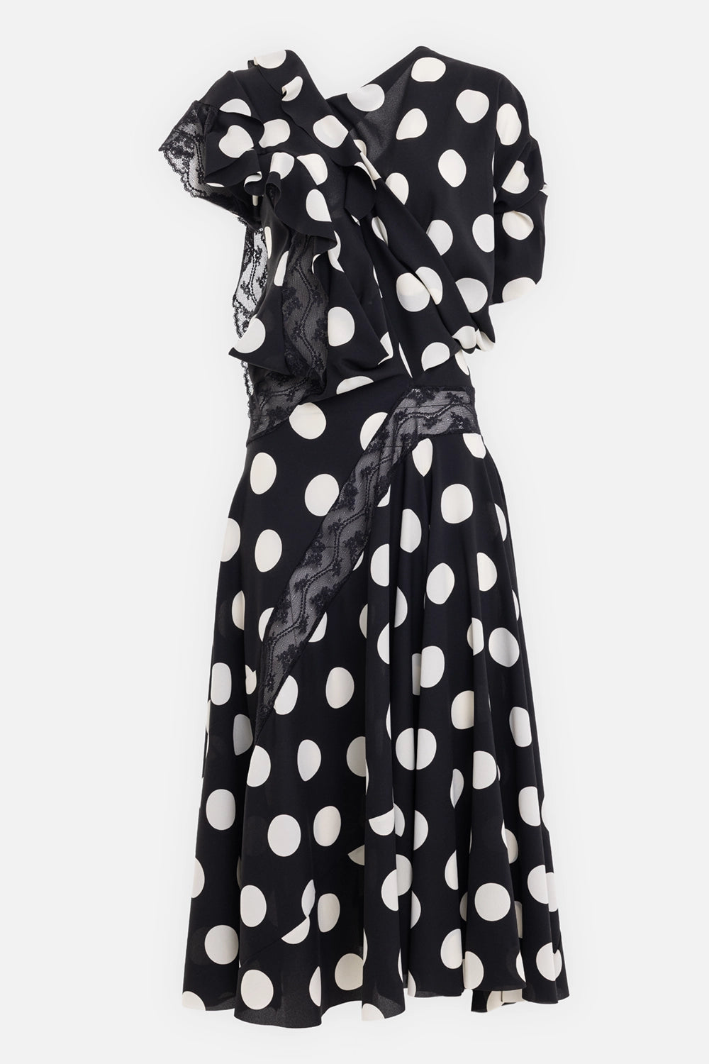 Junya Watanabe women's maxi dress in Black/White, back view with lace waist panel and draped shoulder