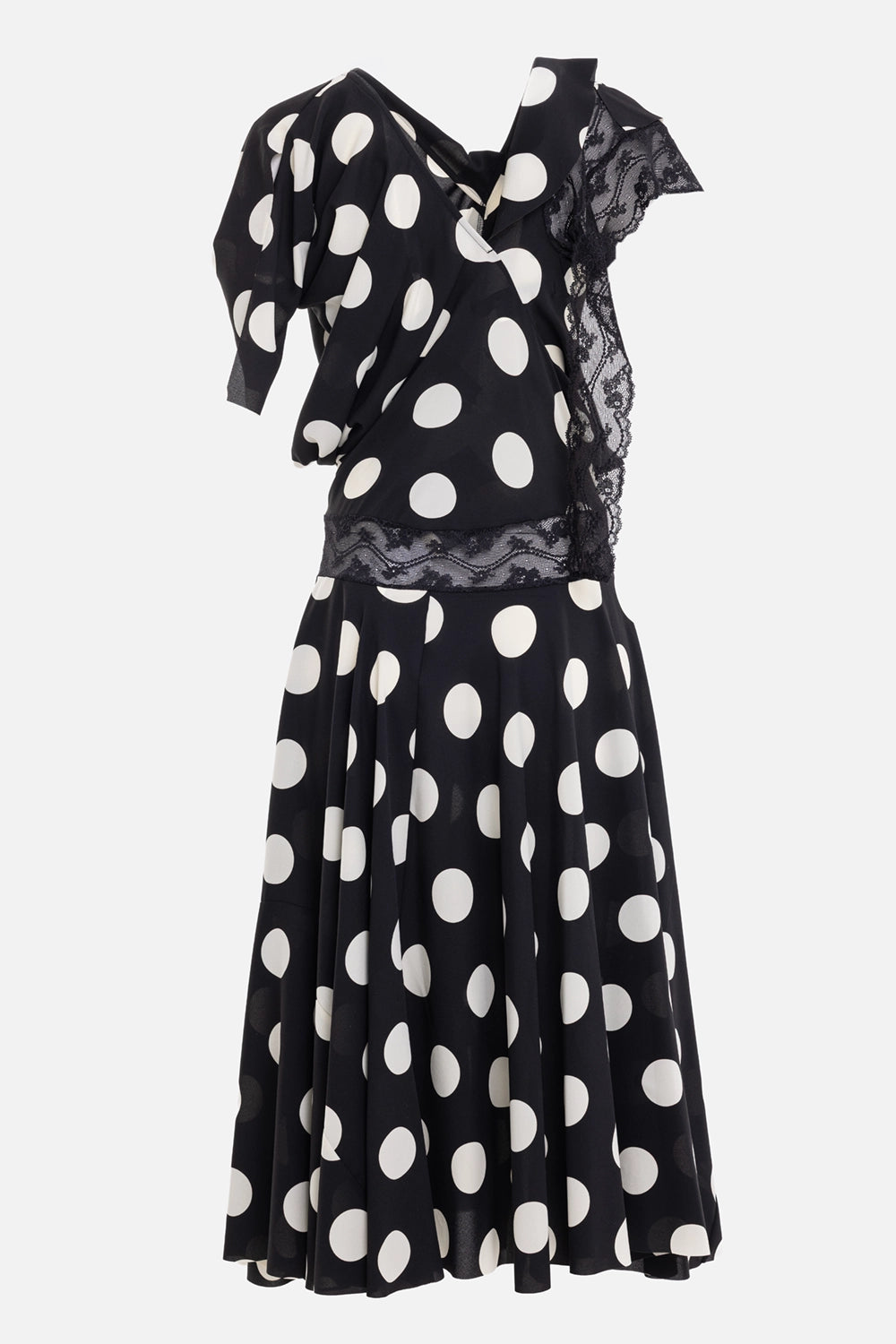 Junya Watanabe women's maxi dress in Black/White, front mannequin view with polka dots and lace side panel
