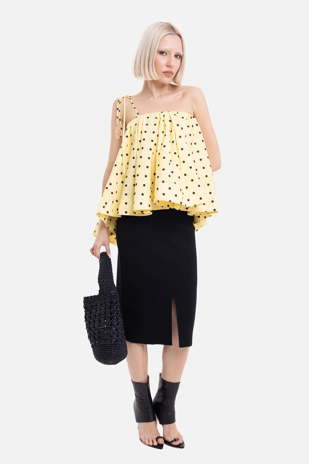 MSGM women's bandeau top in Yellow, on-model full-length view, voluminous overlay and one shoulder tie