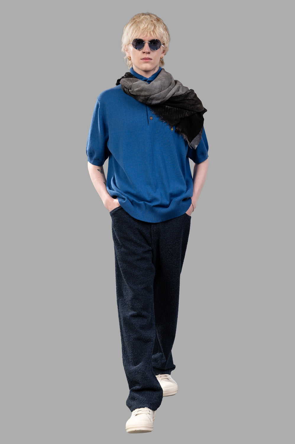 Vivienne Westwood polo shirt in blue, on-model full length, short sleeves, wide ribbed collar