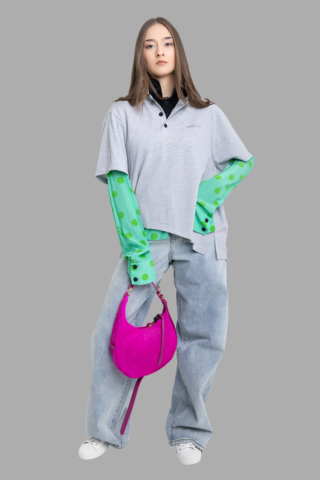 Natasha Zinko women's polka dot polo shirt in grey and green, on-model full length, layered double collar and asymmetrical hem